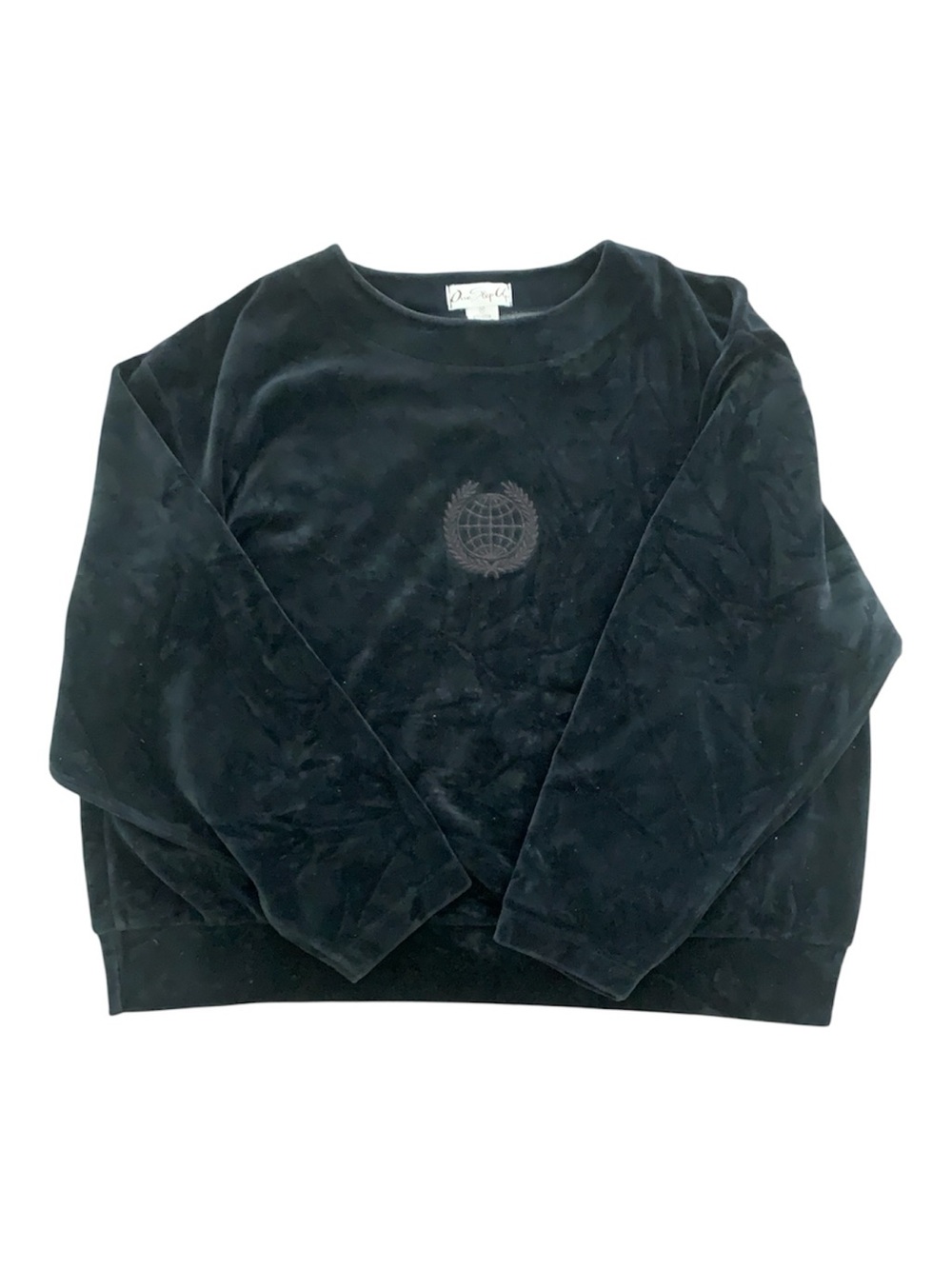 One Step Up Black Velour Crewneck with Embroidered Crest